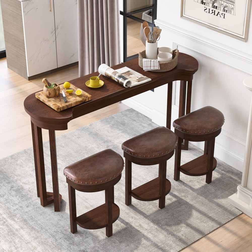 4 Piece Bar Table Set with3 PU Upholstered Bar Stools Breakfast Table