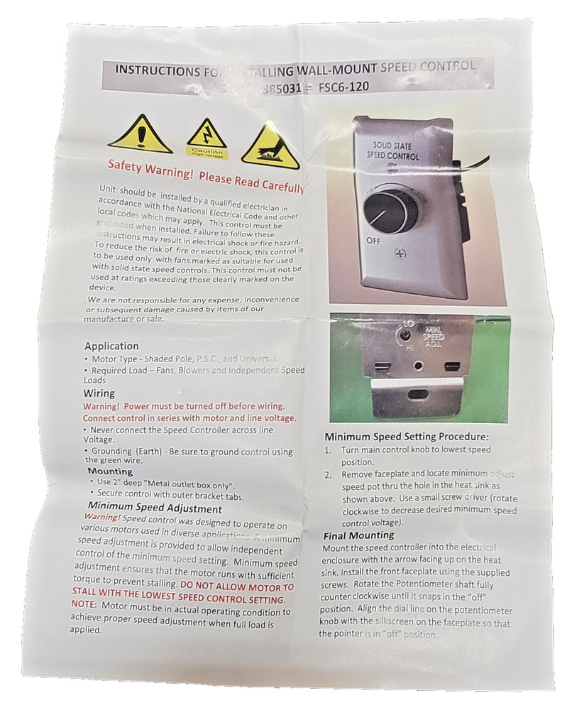Raffel Systems 385031 Wall Mount Solid Mount Fan Speed Control FSC6-120