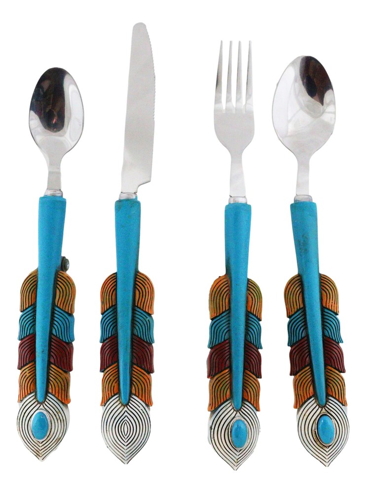 Southwest Chic Indian Turquoise Feather Flatware 1 Spoon Teaspoon Fork Knife Set