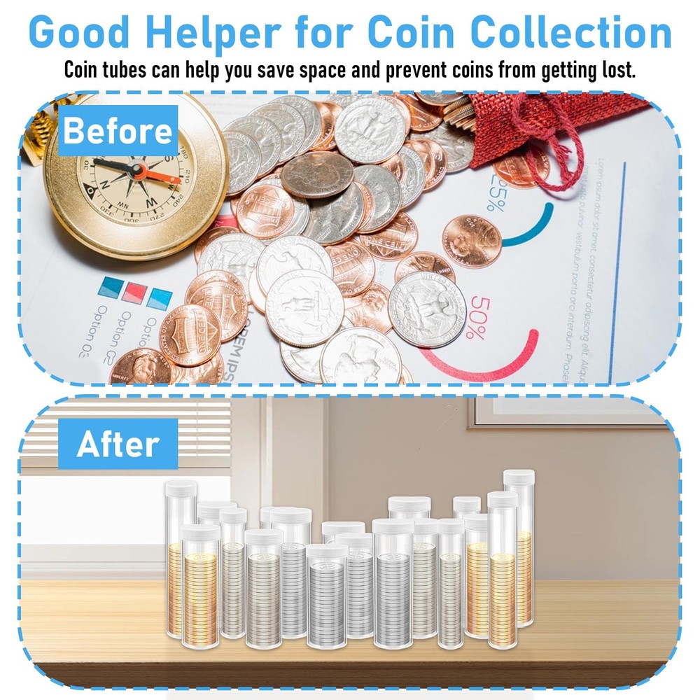 AIHSUMC 36 Pcs Plastic Coin Tubes, 6 Different Sizes Holders, Clear...