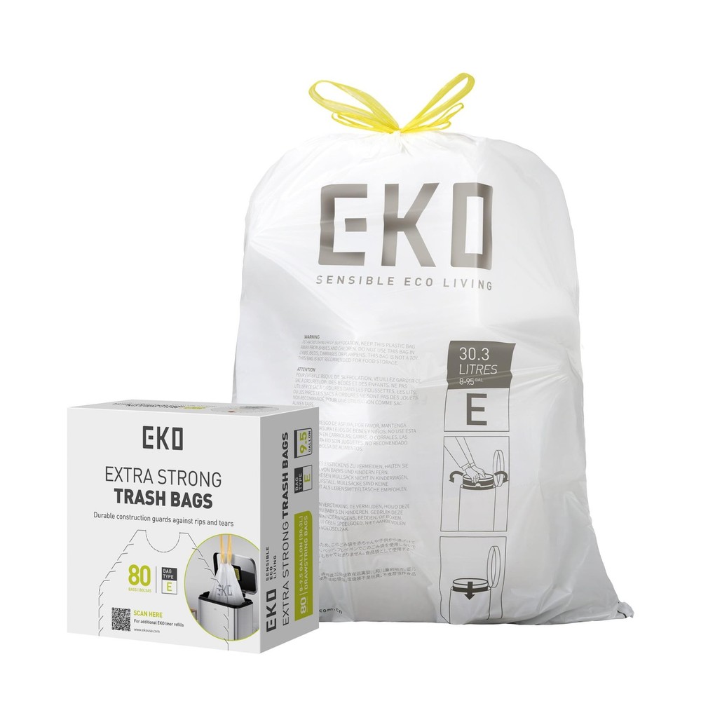 EKO Easy-Dispense Roll 80 Count Extra-Strong Drawstring Tall Kitchen Trash Ba...