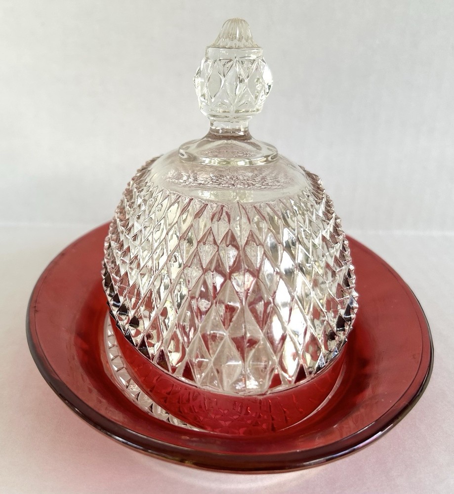 Indiana Glass Diamond Point Ruby Flash Butter Dish With Lid