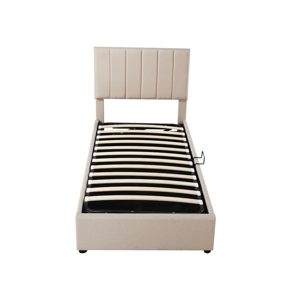 Twin Size Linen Upholstered Platform Bed w/ Hydraulic Storage System Beige
