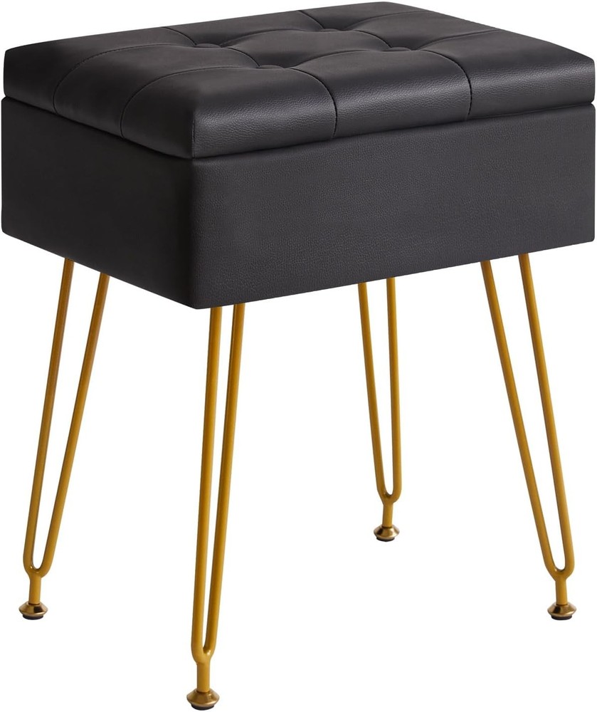 Multifunctional Storage Vanity Stool W/ Flip Tabletop Adjustable Metal Legs & PU