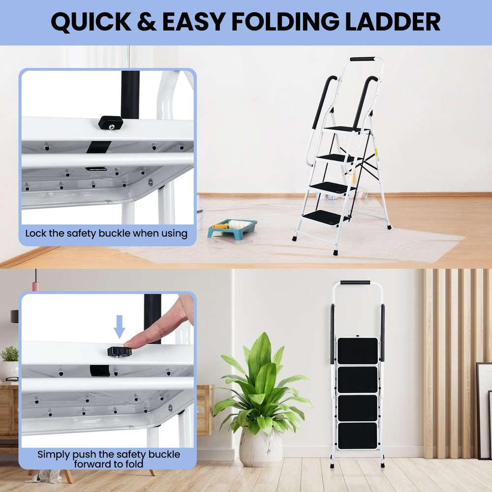 4 Step Ladder with Hankdrails, Portable Folding Step Stool with Safety