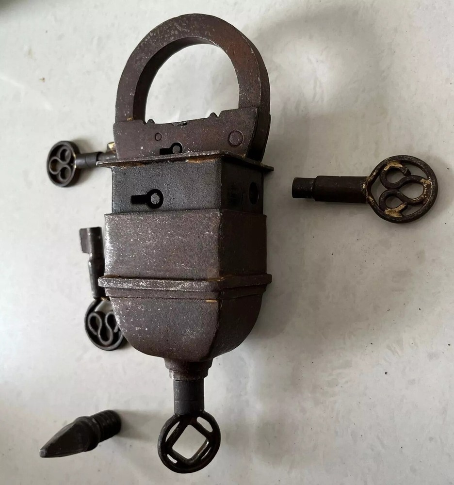 Vintage Iron Handcrafted Unique Shape Solid Heavy 4 Key Padlocks
