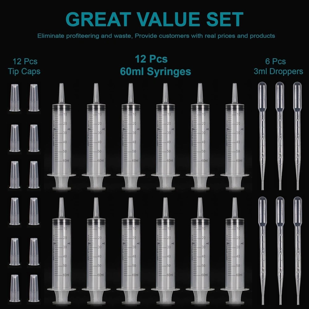 12 Pack 60ml Large Plastic Syringes Without Needle for Liquid Jello Injector