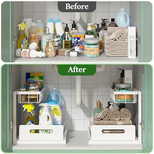 Under Sink Organizer, Pull Out Cabinet Organizer 2 Tier Slide Out 2 Pack White