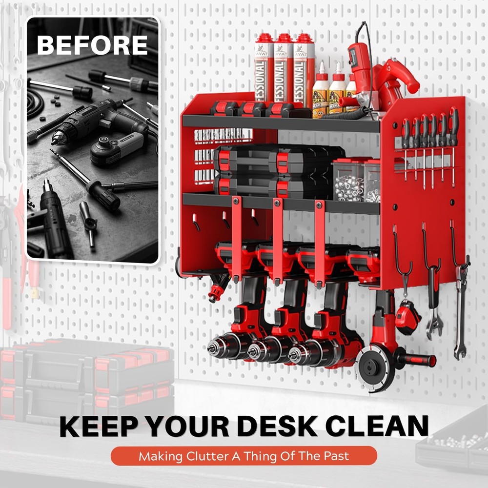 Power Tool Organizer Wall Mount - 120Lbs Load 3 Layers Storage Rack 4 Drill H...