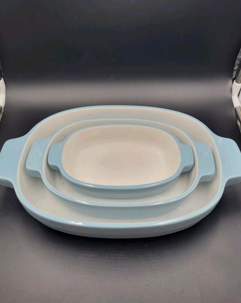 Set Of 3 KitchenAid Azure Light Blue Nesting Ceramic Casserole Dishes