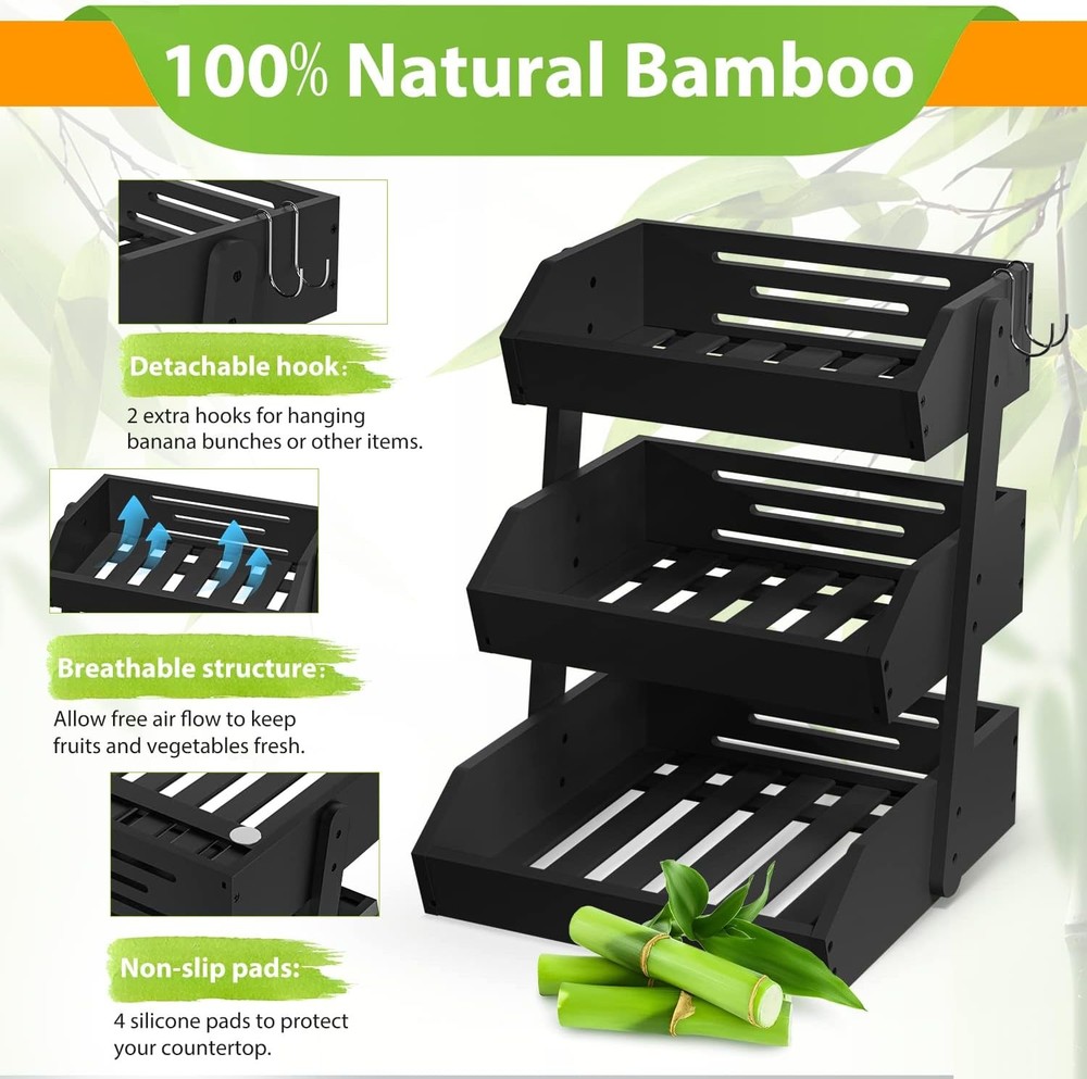 Bamboo Fruit Basket for Kitchen – 3 Tier Fruit Bowl For Kitchen Counter