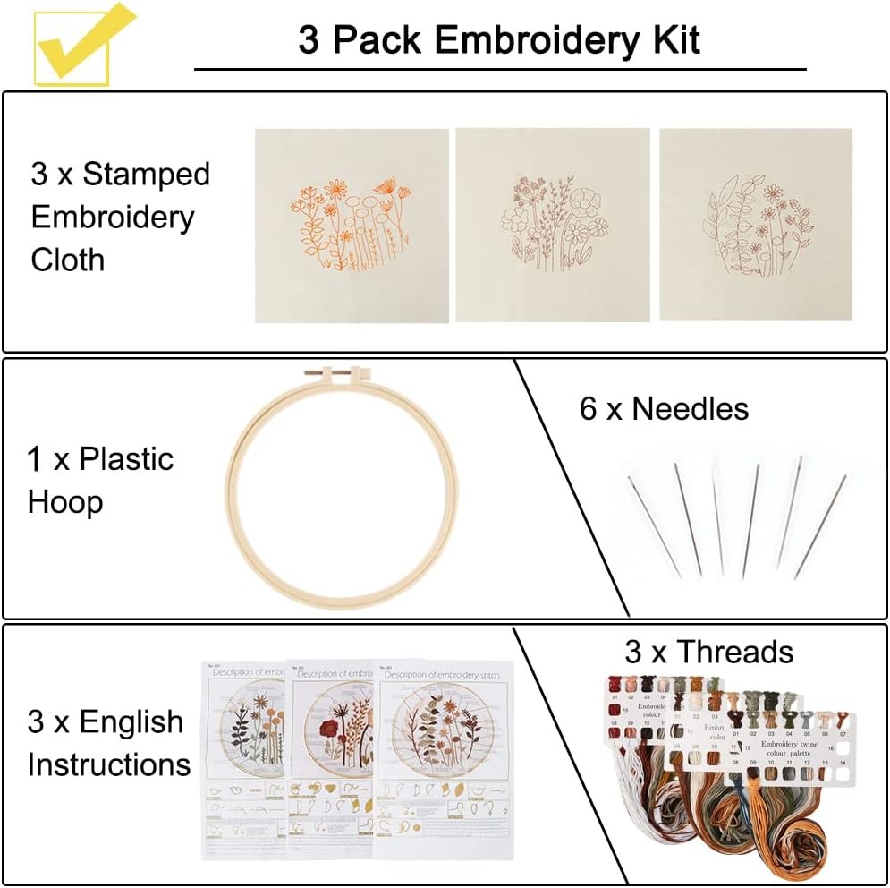 Uphome 3 Pack Embroidery Starter Kit for Beginners 7.9 inches, Multicolor