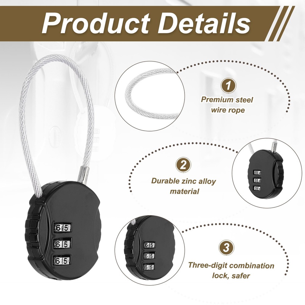 2-Pack Combination Padlock, 3 Digit Round Shaped Cable Luggage Lock [Black]