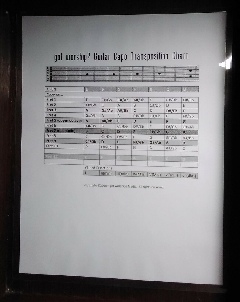 Guitar Capo Transposition  Chart ~ 5 mil Laminated ~ FREE Shipping ~