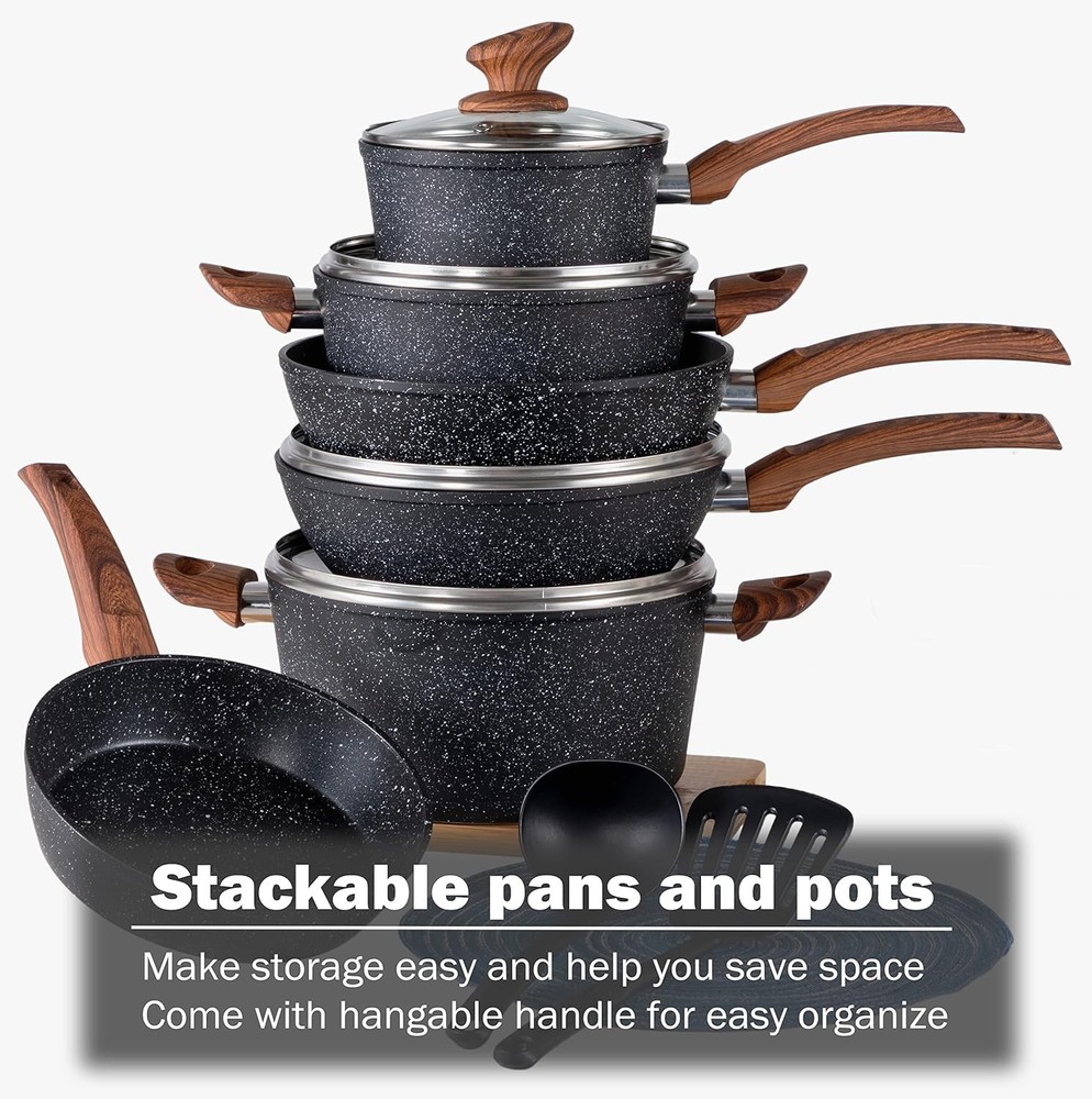 12-Piece Nonstick Granite Cookware Set Induction Compatible Black with Lids &...