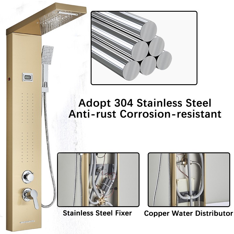 Brushed Gold LED Shower Panel Tower System Rain Waterfall Head Massage Jet Mixer