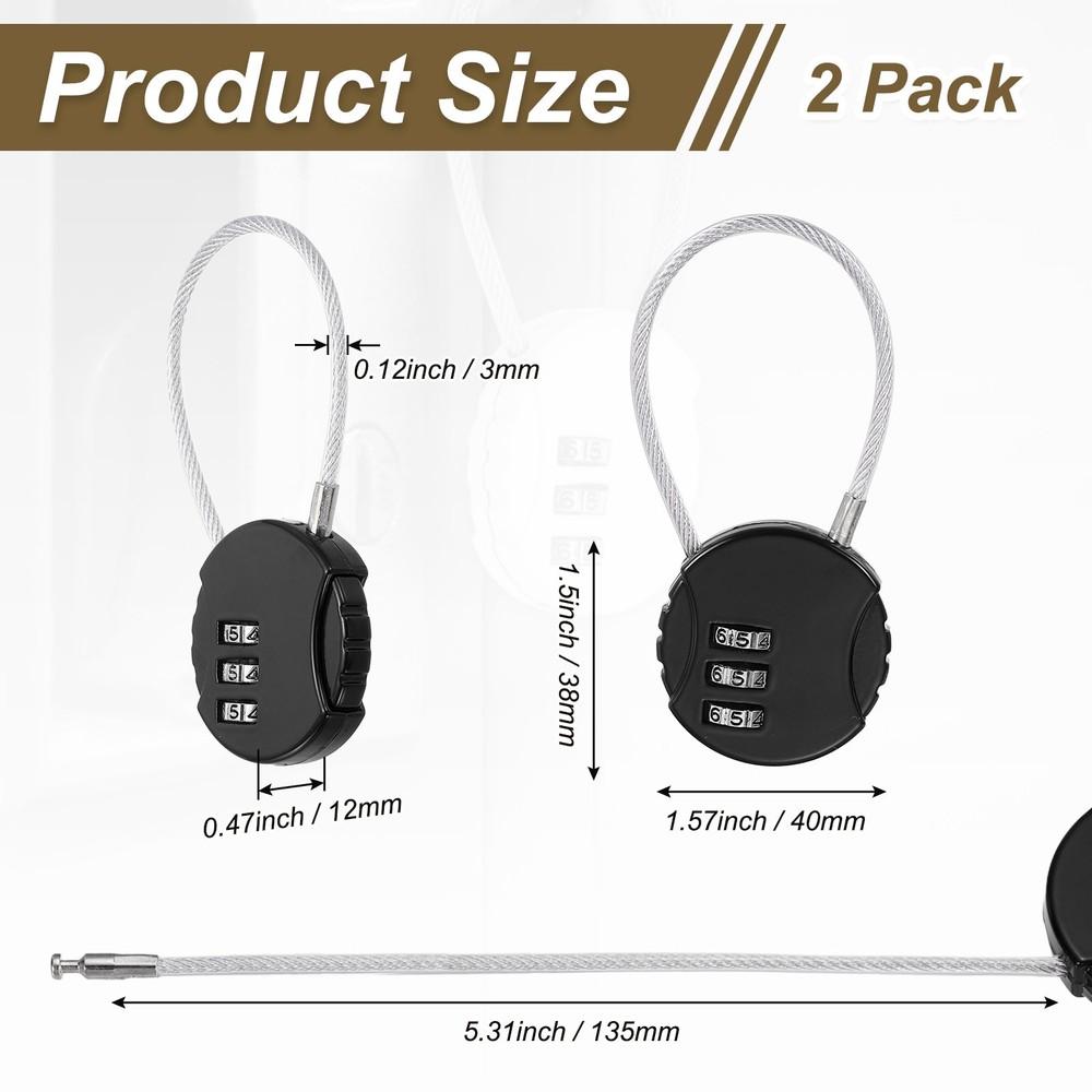 2-Pack Combination Padlock, 3 Digit Round Shaped Cable Luggage Lock [Black]