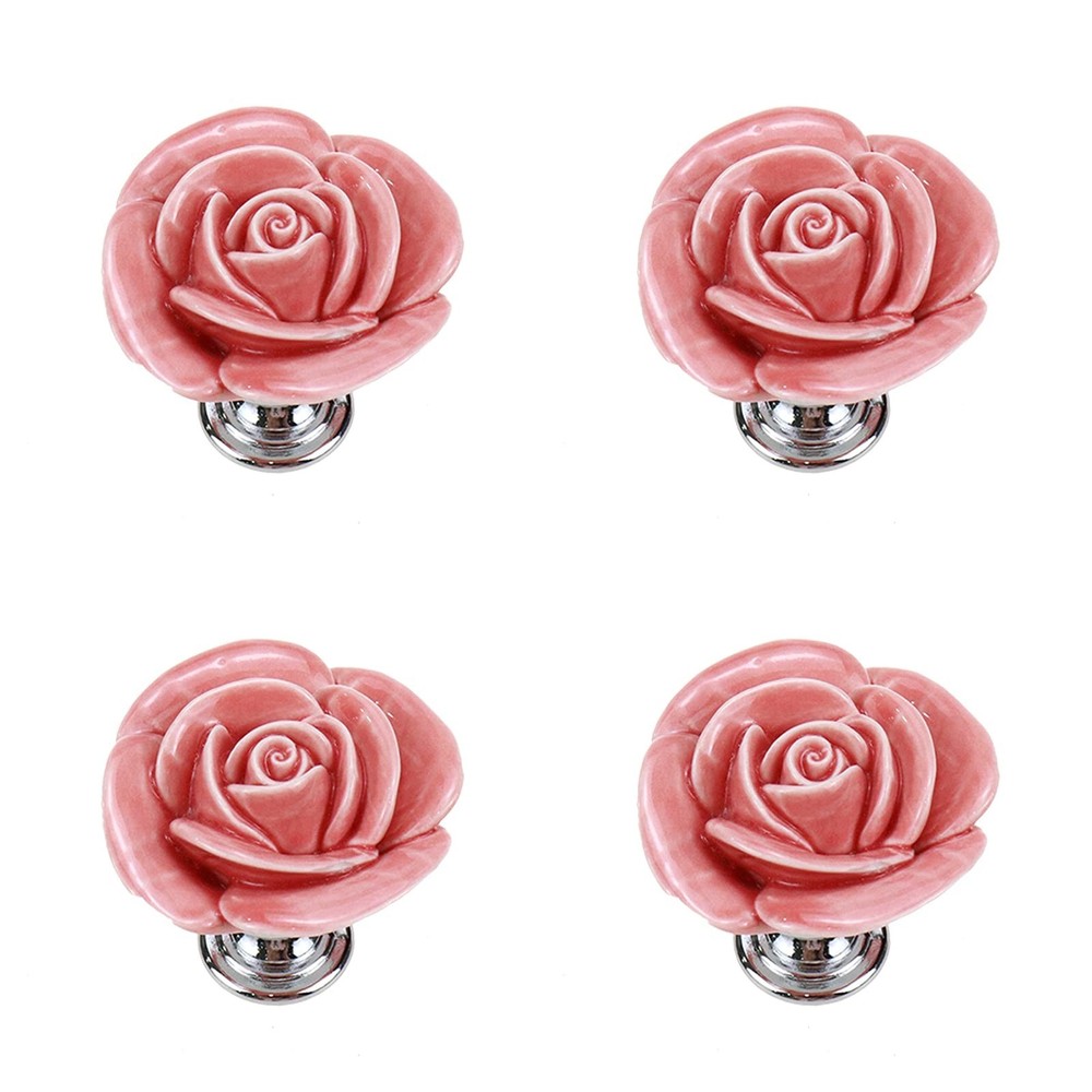 4pcs Peach Rose Flower Ceramic Knobs Cabinet Drawer Knobs Rose Door Pull Hand...