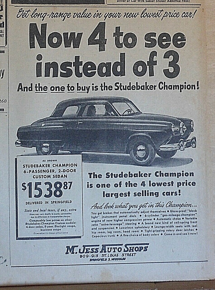 1950 newspaper ad for Studebaker Champion Custom Sedan - features list