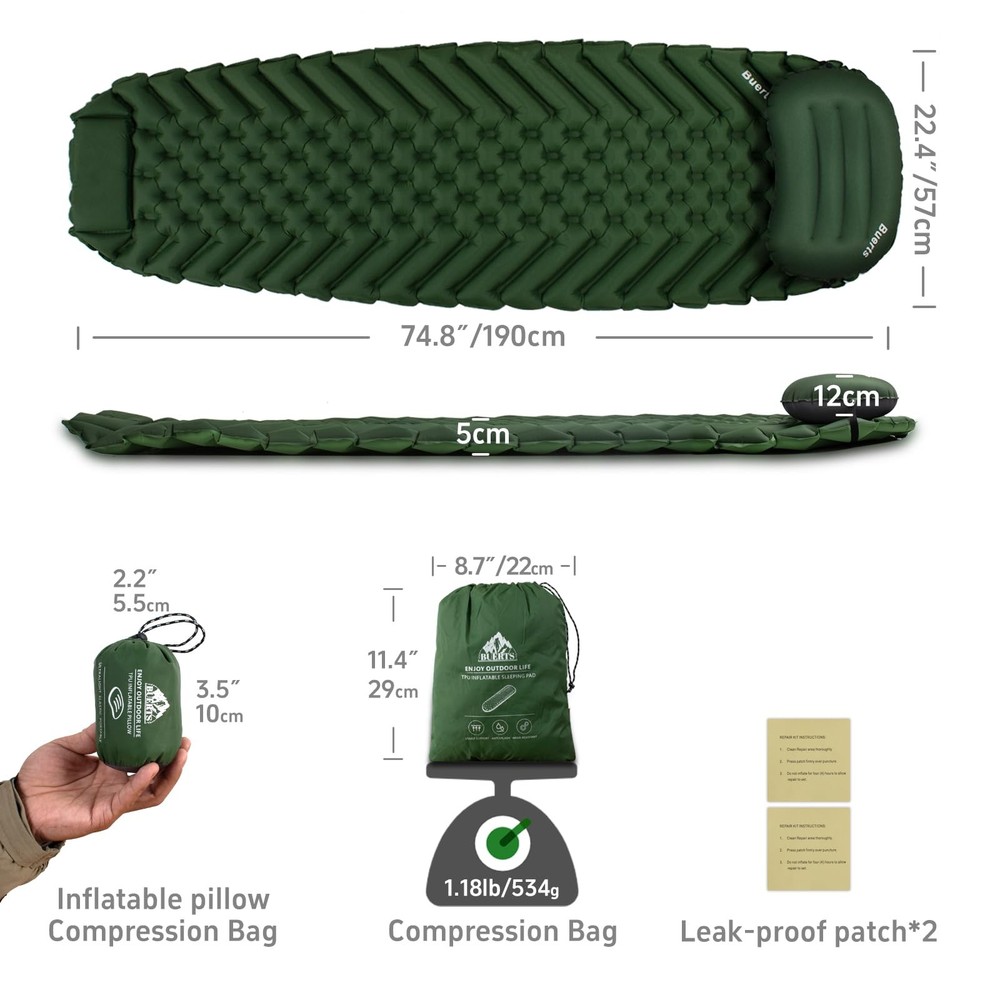 Camping Sleeping mat and Inflatable Pillow - Set, Portable, Ultra-Light, Thic...