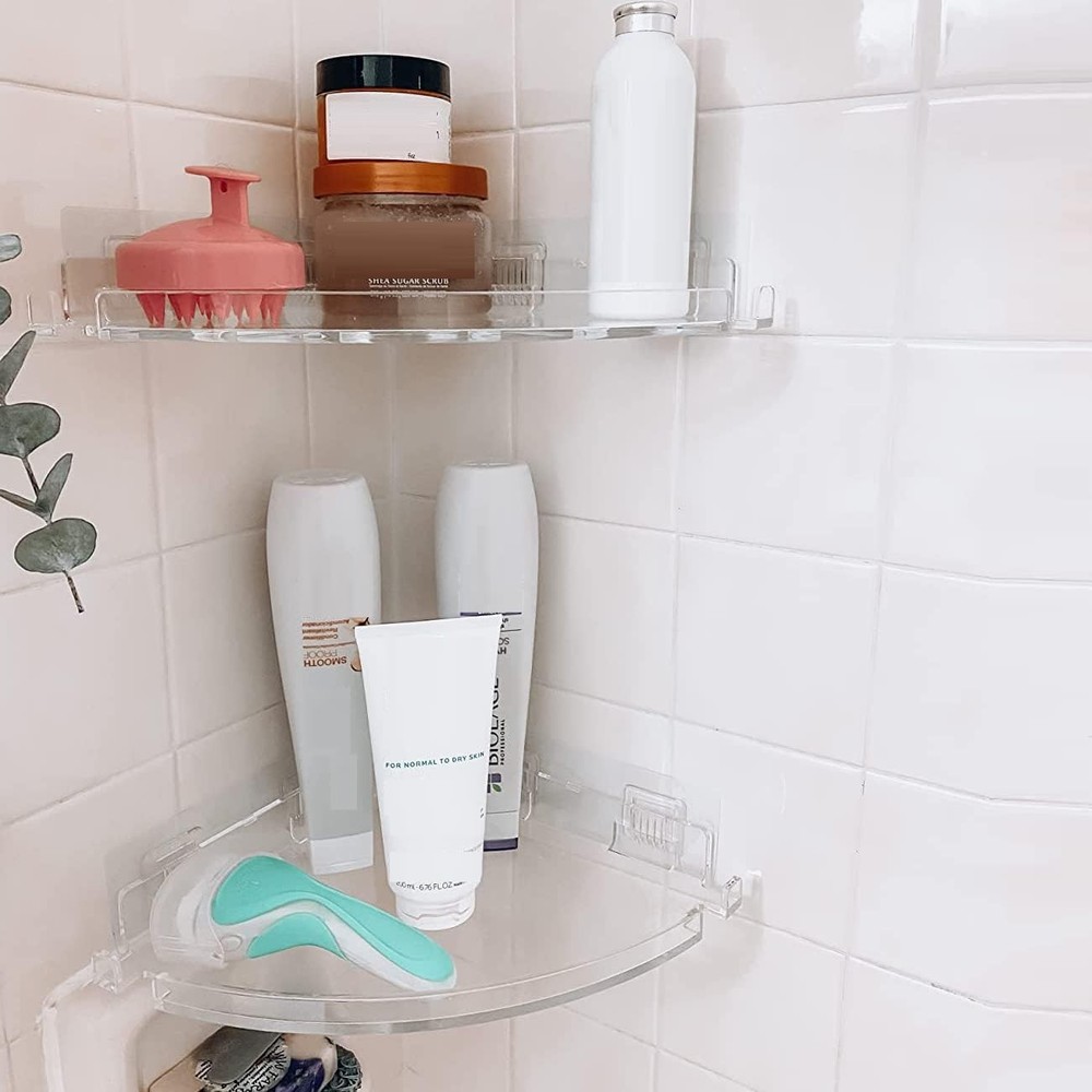 Acrylic Corner Shower Caddy Shelf with Hooks 2 Pack, Adhesive Wall Mounted Ba...