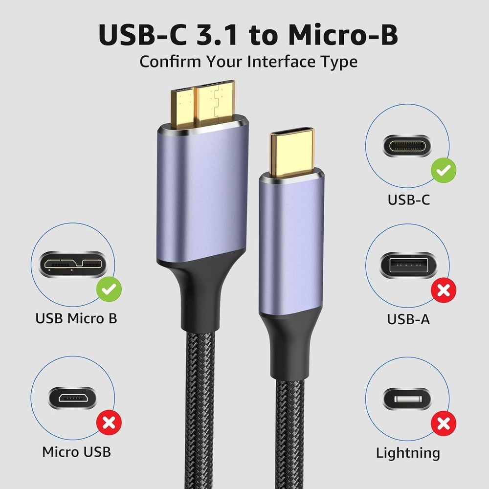 Micro B to USB C Hard Drive Cables, 1FT 10 Gbps C