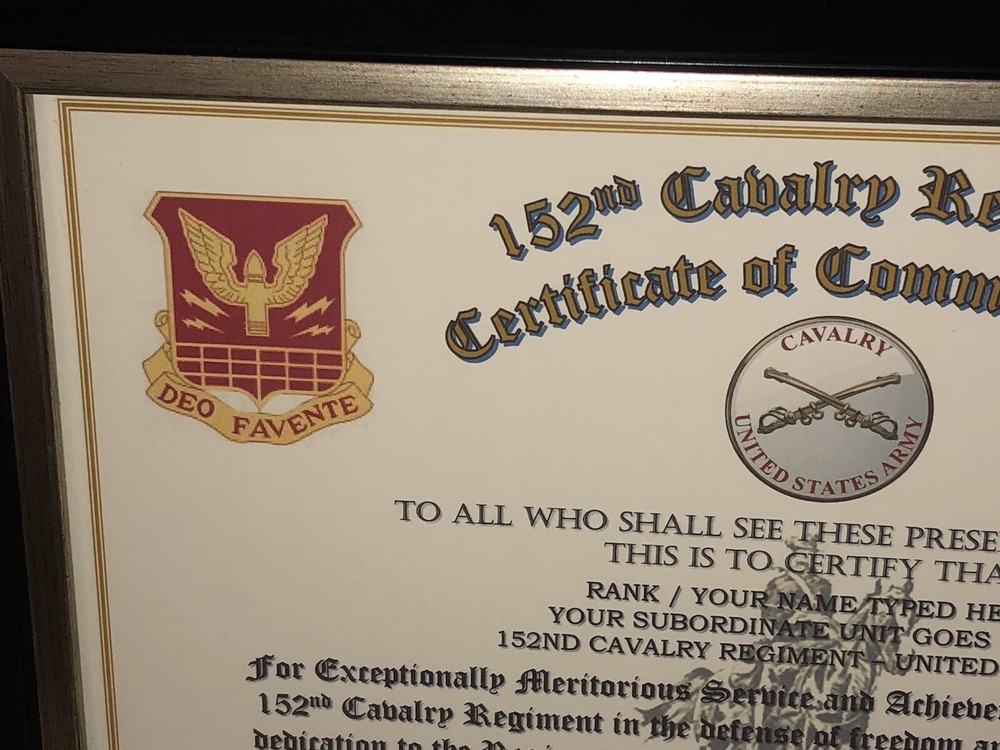 152ND U.S. CAVALRY REGIMENT / COMMEMORATIVE - CERTIFICATE OF COMMENDATION