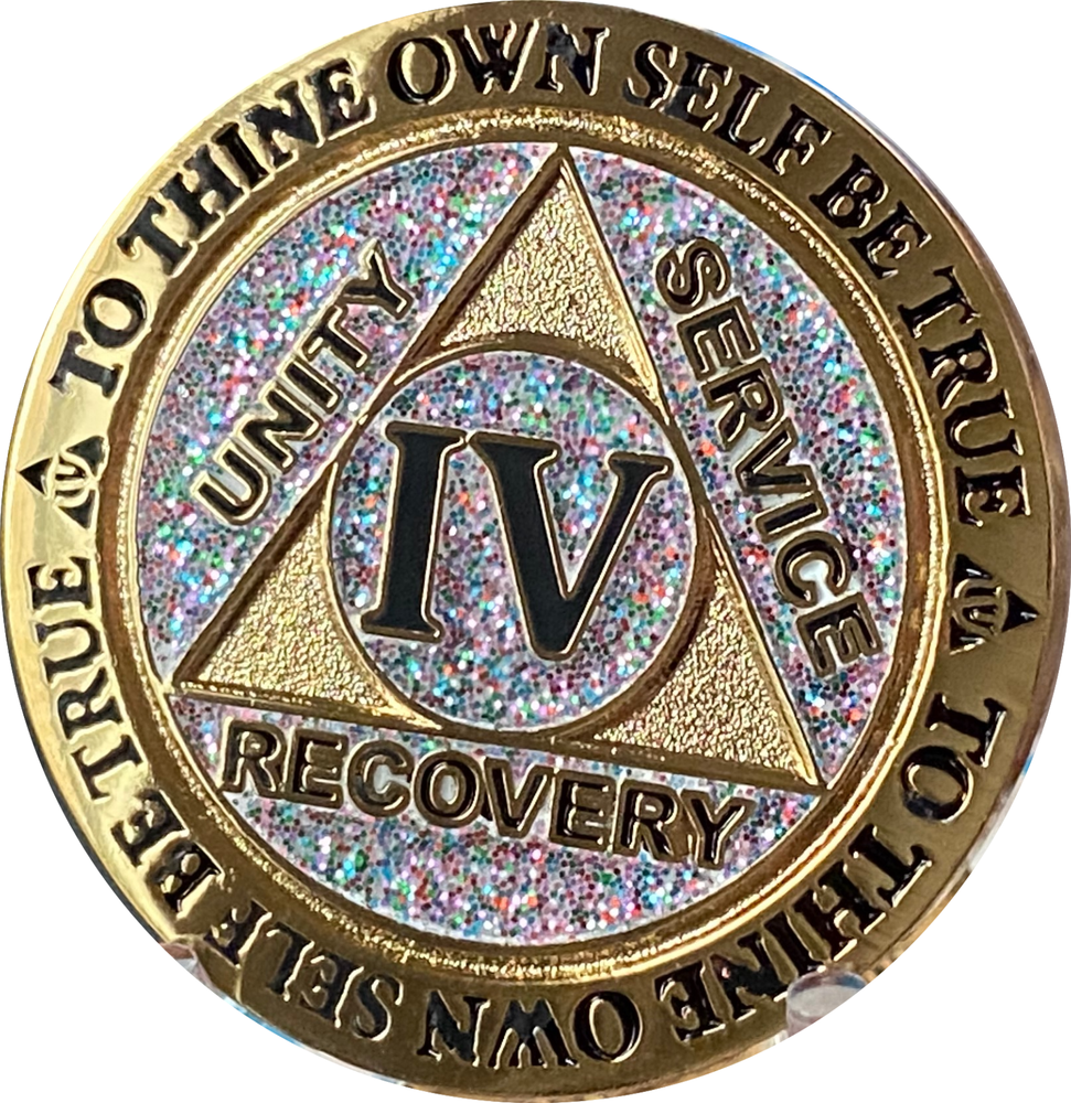 4 Year AA Medallion Funfetti Glitter Gold Sobriety Chip