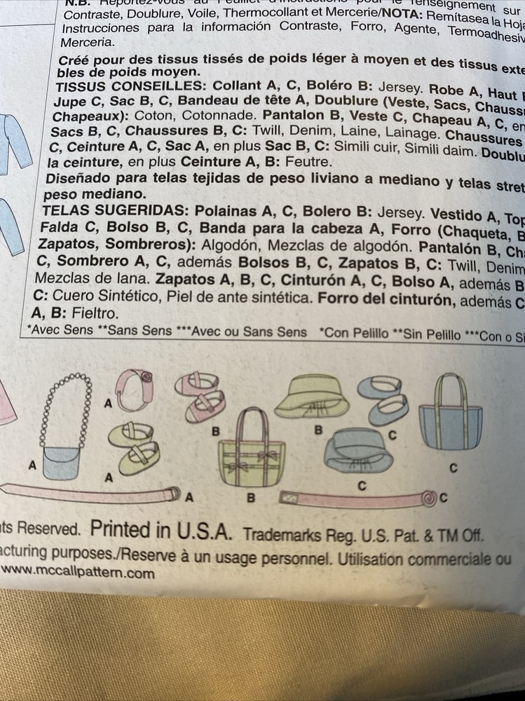 18” Doll Clothes & Accessories Sewing Pattern McCall’s MP328