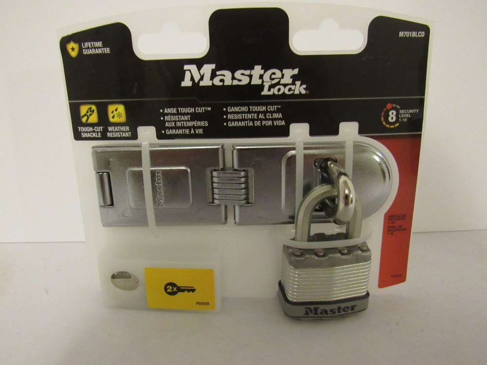 Master Lock M701BLCD 6 1/4 Inch Zinc Double Hinge Hasps W/Padlock