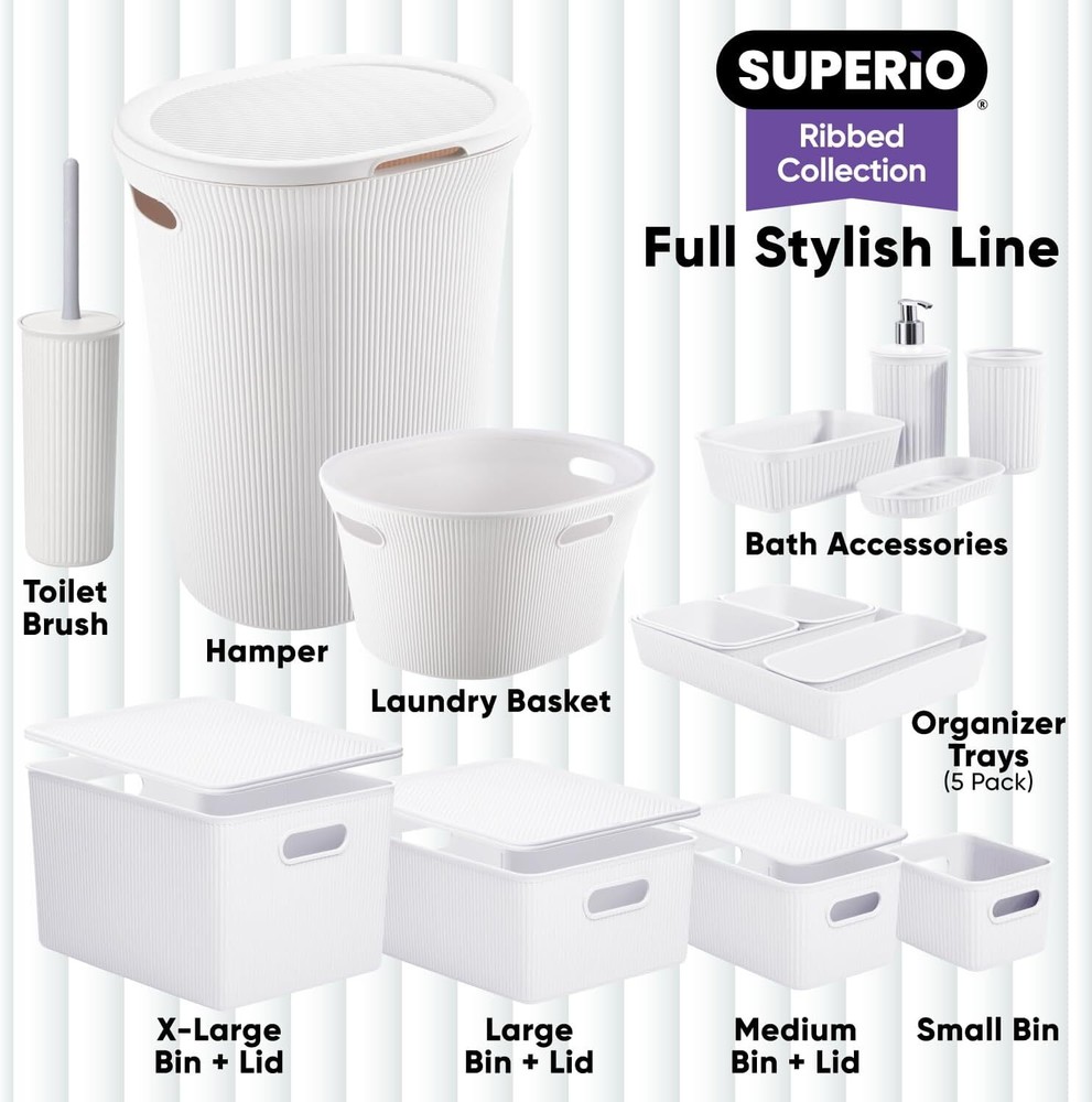 Superio 5L Small Ribbed Storage Bin- Plastic Storage Bin (6 Pack, White)