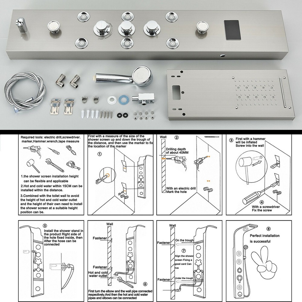 Rain&Waterfall Shower Panel Tower System Stainless Steel 6-Function LED Massage
