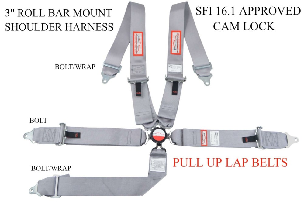 SFI 16.1 RACING HARNESS 5 POINT ROLL BAR MOUNT 3" CAM LOCK GREY PULL UP LAPS