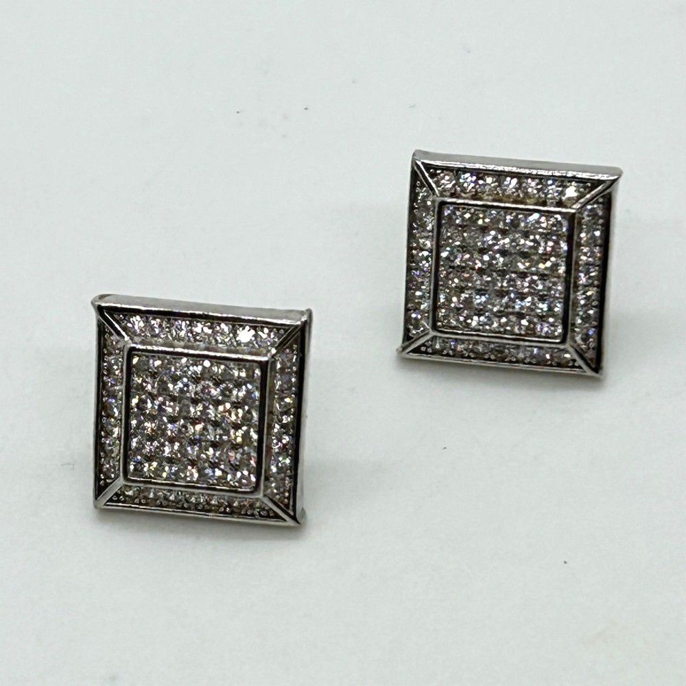 Sterling Silver Square CZ Stud Earrings Iced Out Hip Hop READ Backs Missing