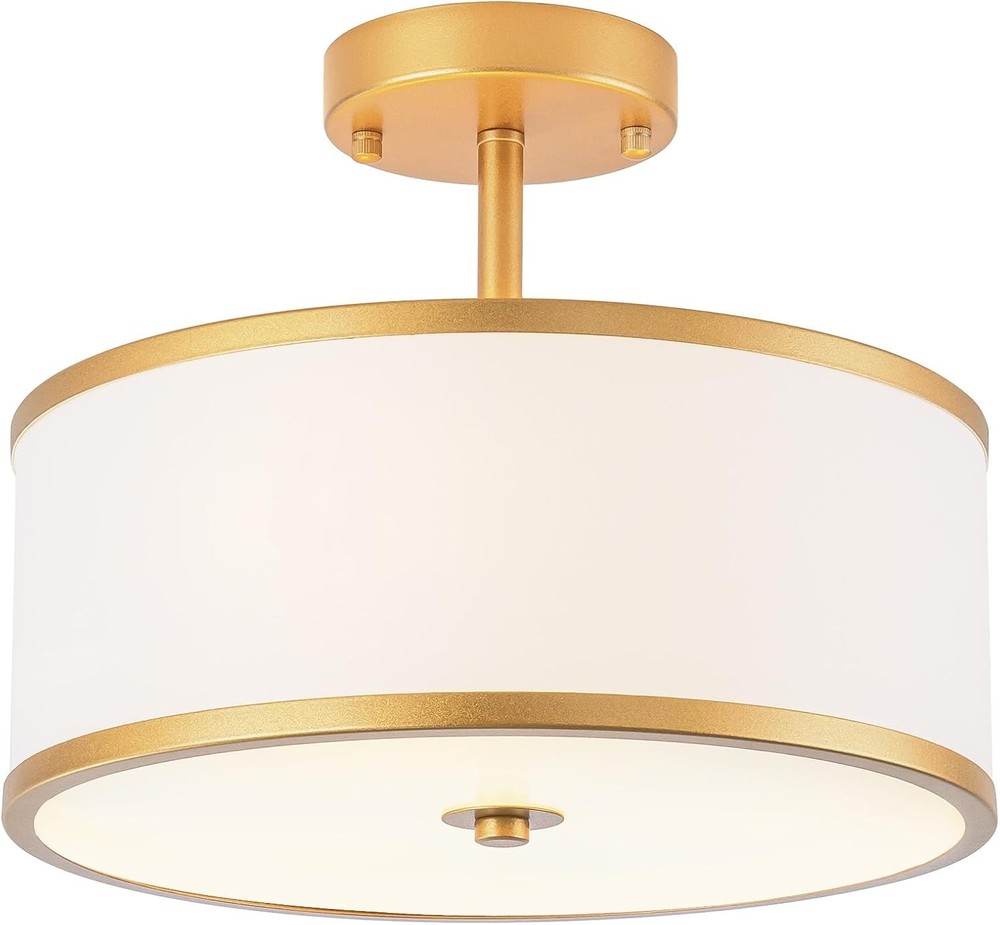 Bargeni 12.5" Ceiling Mount Light Drum Antique Brass White Fabric