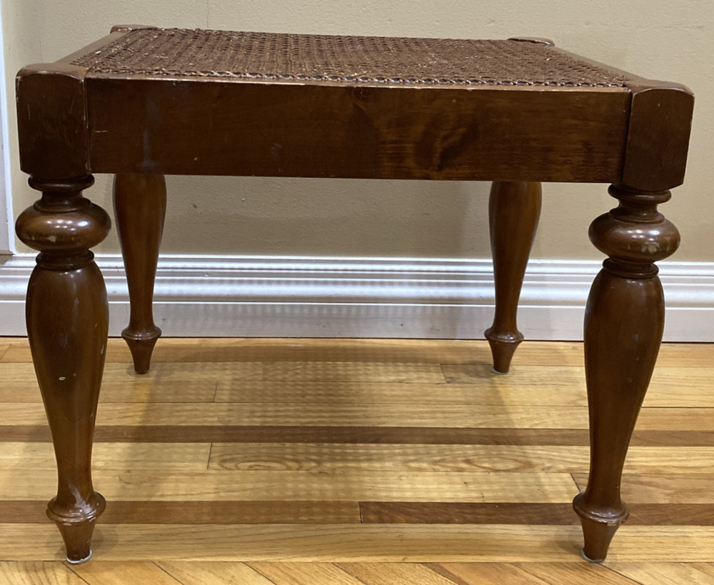 Vtg Walnut Caned Vanity Bench