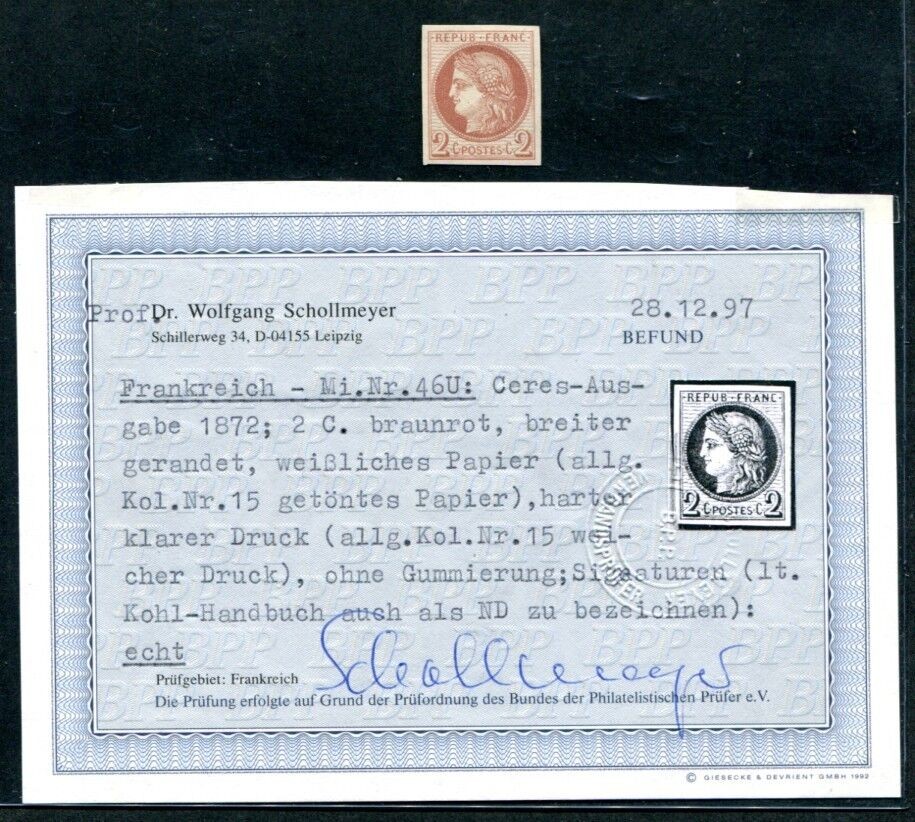 FRANCE 1872 46U Ungummed UNPERFORATED FINDINGS BPP(E7961