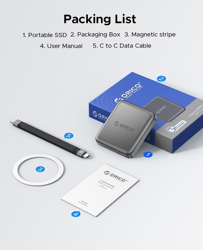 ORICO 2TB Magnetic External SSD 2000MB/s Portable Solid State Drive 4K ProRes