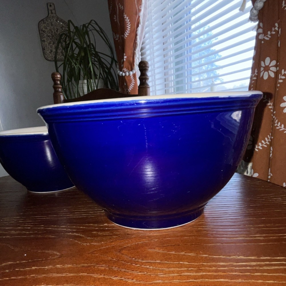 Ceramic Mixing Bowl Set of 2 Blue White Nesting Solid Pattern