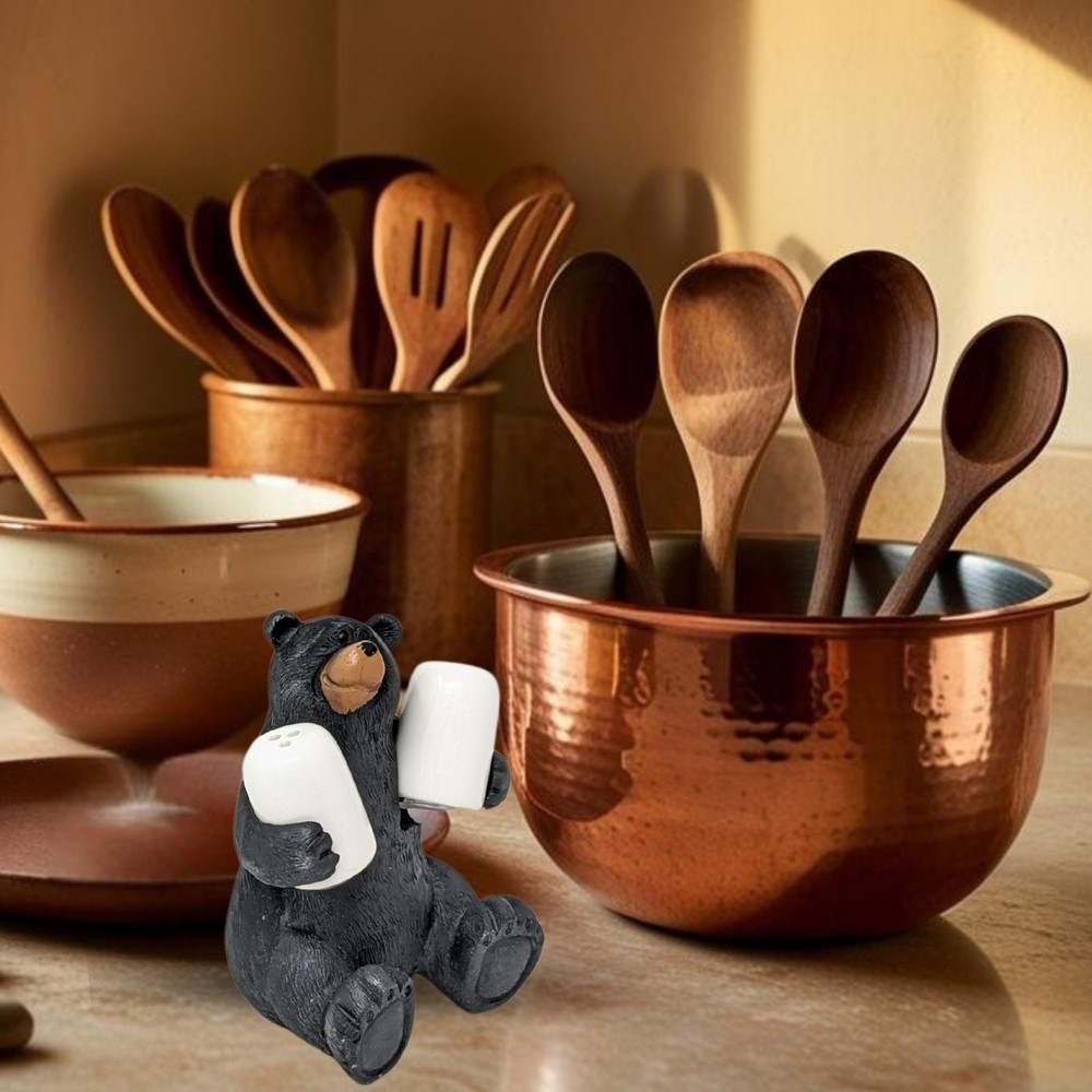 Sitting Bear Salt & Pepper Holder – Rustic Kitchen Decor with Ceramic Shakers