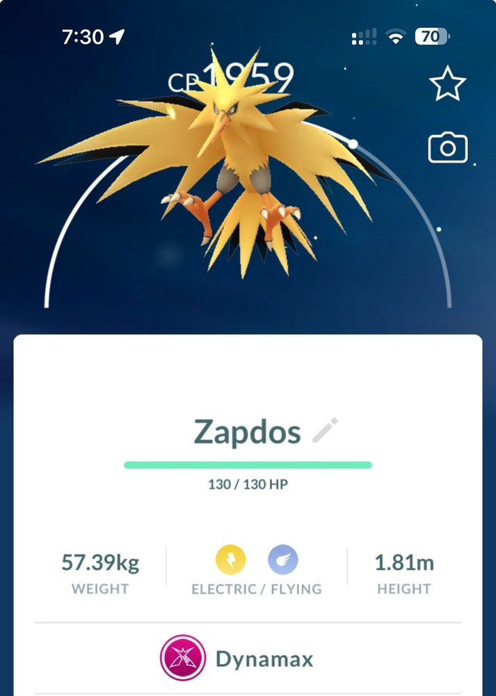 Dynamax Zapdos Pokemon Go - Normal (Not Shiny)