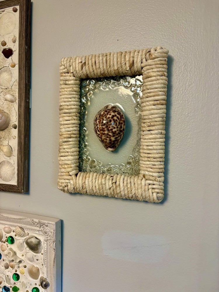 Seashell Resin Art - Rustic Bamboo Style Frame With Crashed Glass