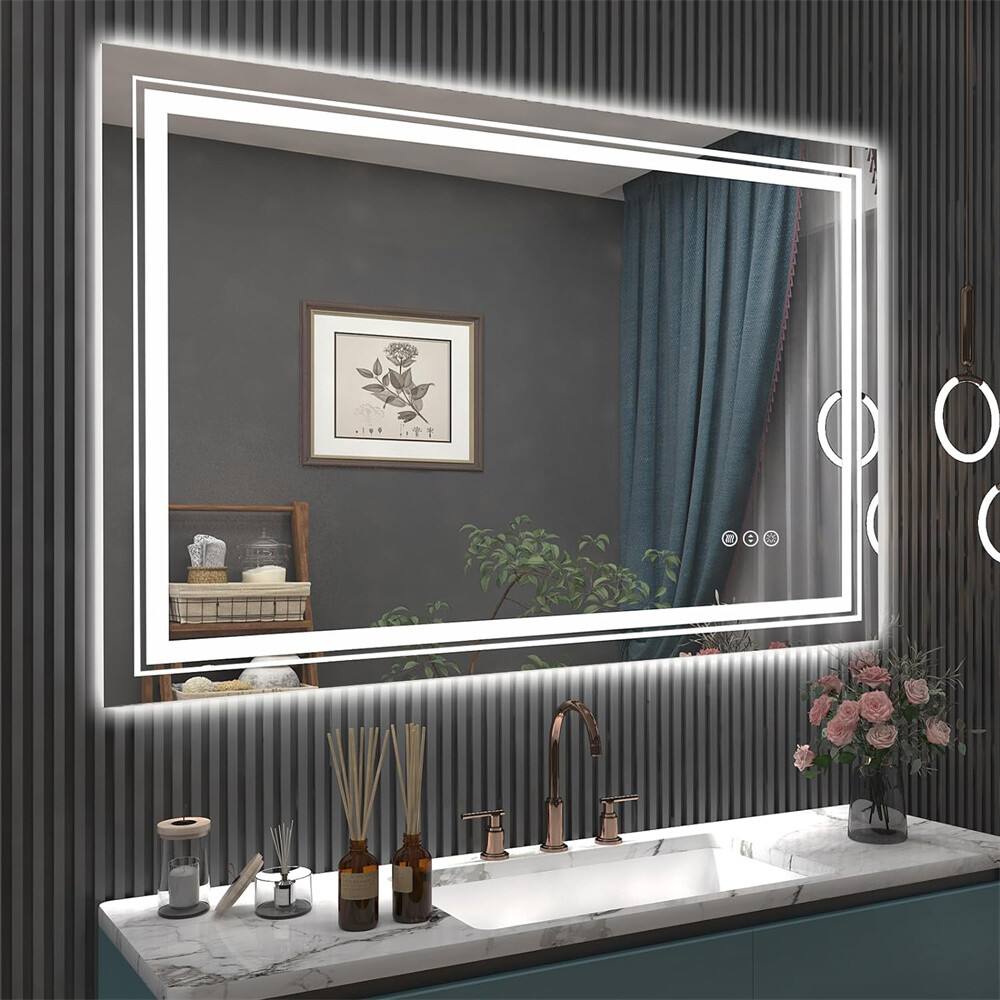 LED Mirror for Bathroom Vanity Front Light + Backlit Stepless Dimmable Anti-Fog