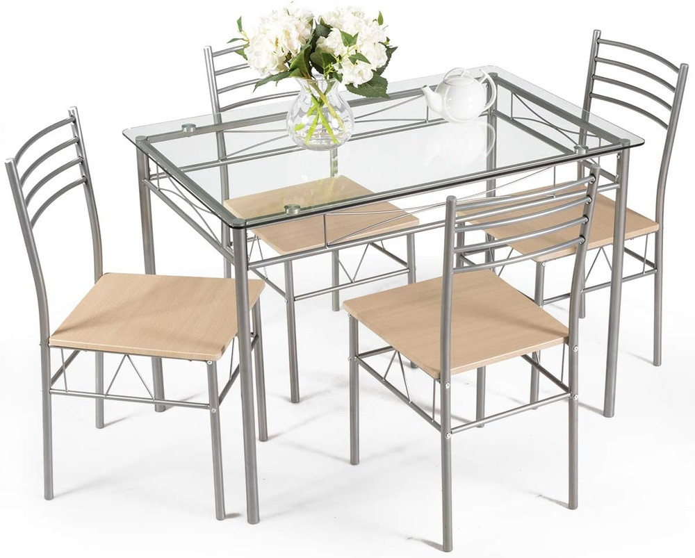 Giantex 5 Piece Dining Table Set, Kitchen Dining Set with Tempered Glass Table T