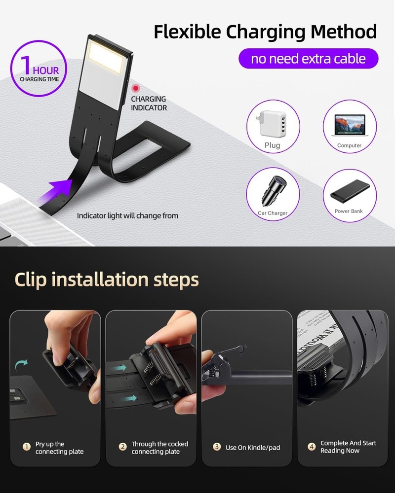 Bookmark Book Light Clip on 8 LED Reading Light Black