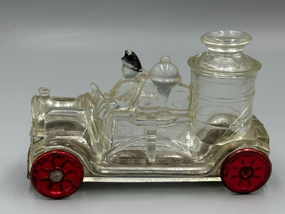1914 FIRE ENGINE Stough Figural Glass CANDY CONTAINER Vintage E&A 223 Tin Wheels