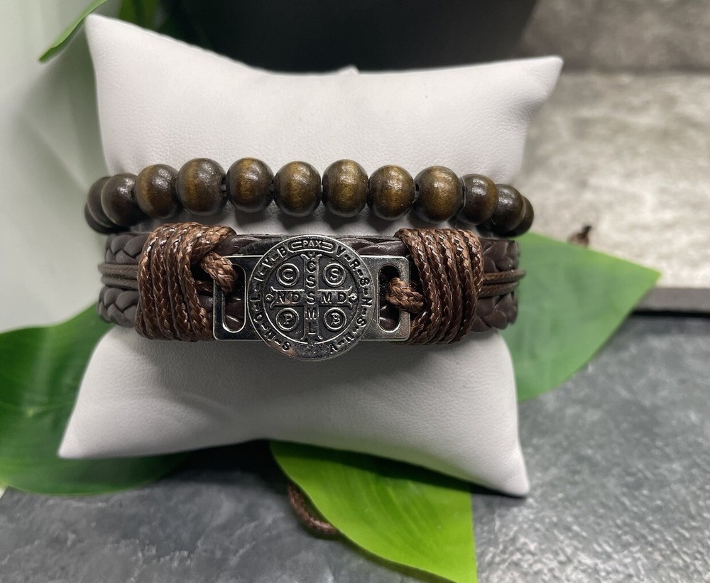 2 PC Leather Bracelet Wood Bead Stackable Adjustable Tie Free Ship B3252
