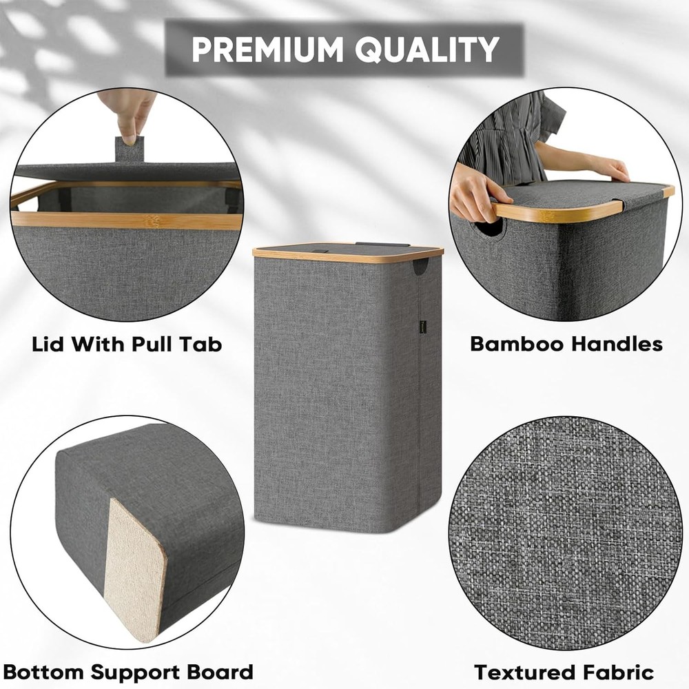 Laundry Hamper with Lid, Bamboo Pull Handles Internal Support 26Gal Carbon Black