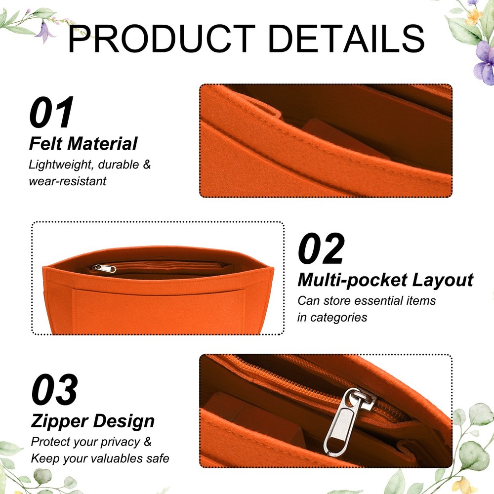 Purse Organizer Insert, Small Felt Handbag Organizer with Zipper, Orange