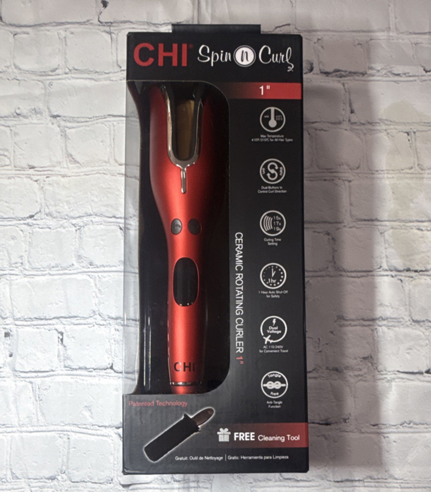 CHI Spin N Curl Ceramic Rotating Curling Iron Auto Shut-Off 1" Red